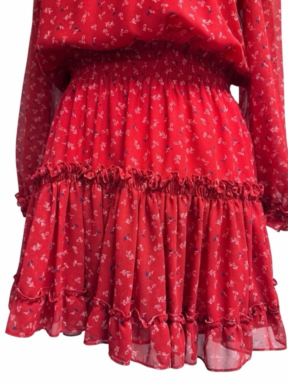 MISA Darla Red Floral Off Shoulder Smocked Ruffle Mini Dress L - Picture 5 of 11